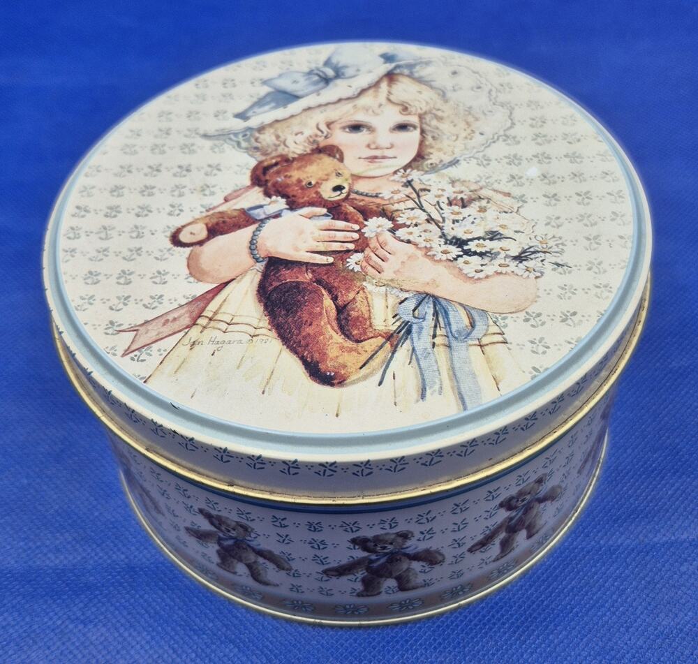 Vintage Jan Hagara Decorative Tin Girl Teddy Bears 5.5x3" Blue Brown Cream